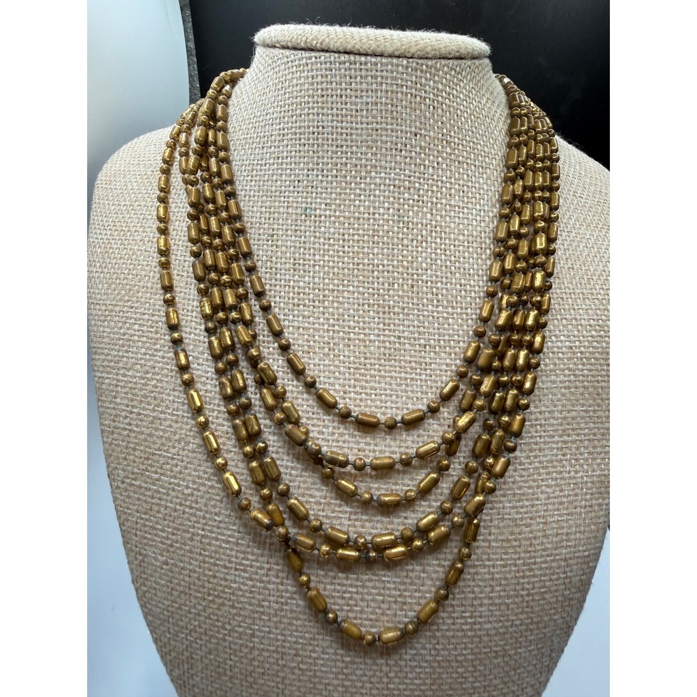 Vintage Multi Strand Brass Bead Necklace 5 Tier Layered Barrel Ball Chain 16in